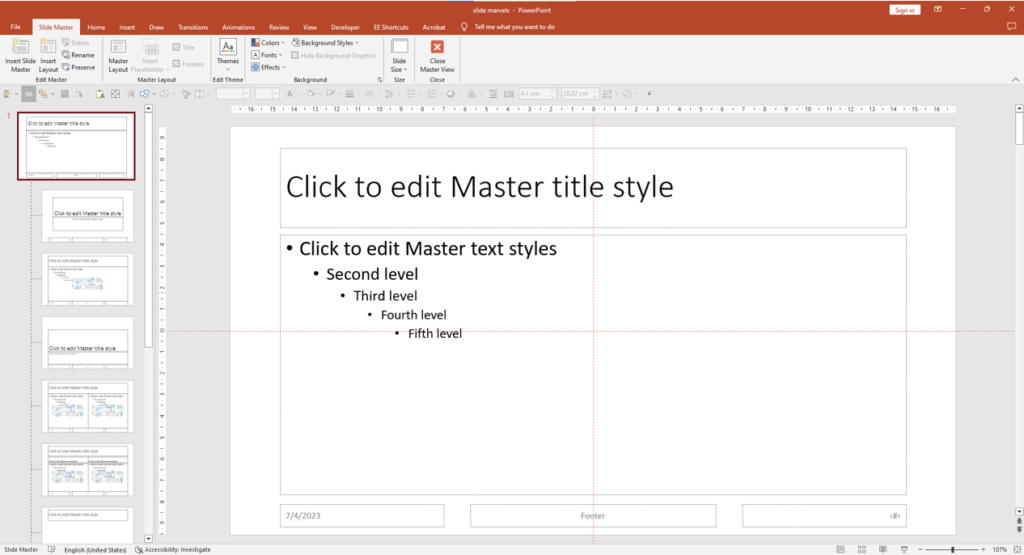 The Slide Master feature in PowerPoint provides users with centralized control over the design and layout of their presentation. Accessed through the Slide Master view, it allows users to make global changes that are applied to all slides. By modifying the Slide Master, users can establish a consistent visual identity by setting fonts, colors, backgrounds, and placeholders. 