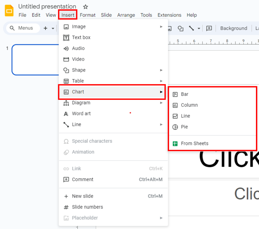 In Google Slides, go to "Insert" > "Chart." A spreadsheet will open where you can enter your data.